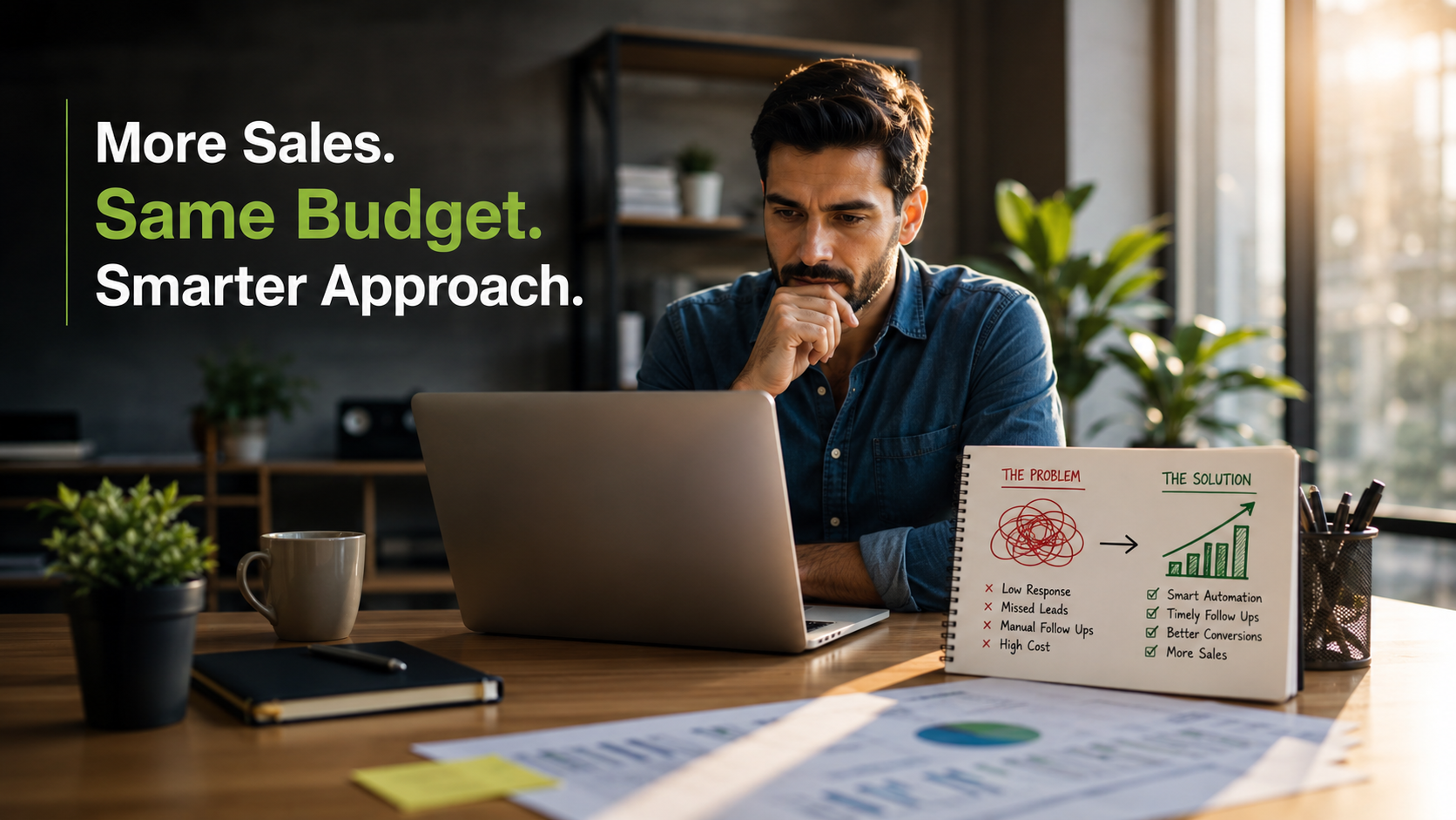 Business owner reviewing sales challenges and automation solutions to increase sales without increasing the marketing budget.