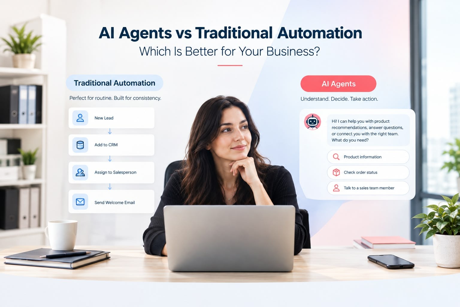 Zhorx-AI agents vs traditional automation shown through a professional business workflow, comparing rule-based processes with AI powered decision making.
