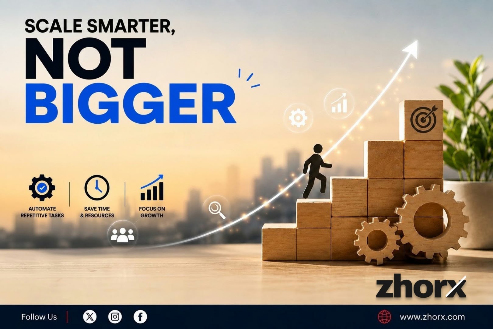 Zhorx business automation graphic showing repetitive task automation, time savings, and business growth through smarter workflows.