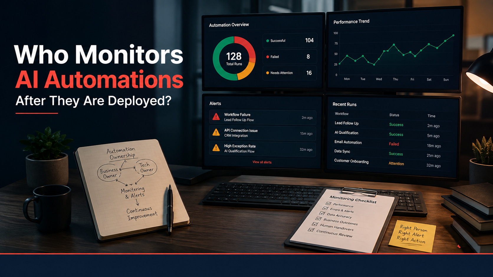 AI automation monitoring dashboard showing business and technical ownership after deployment