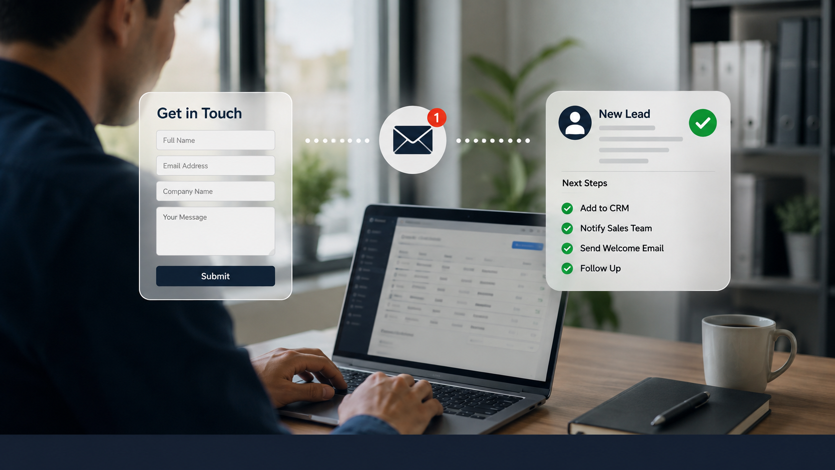 Zhorx-Automated lead capture workflow showing a website form submission moving into CRM, sales notification, and follow-up.