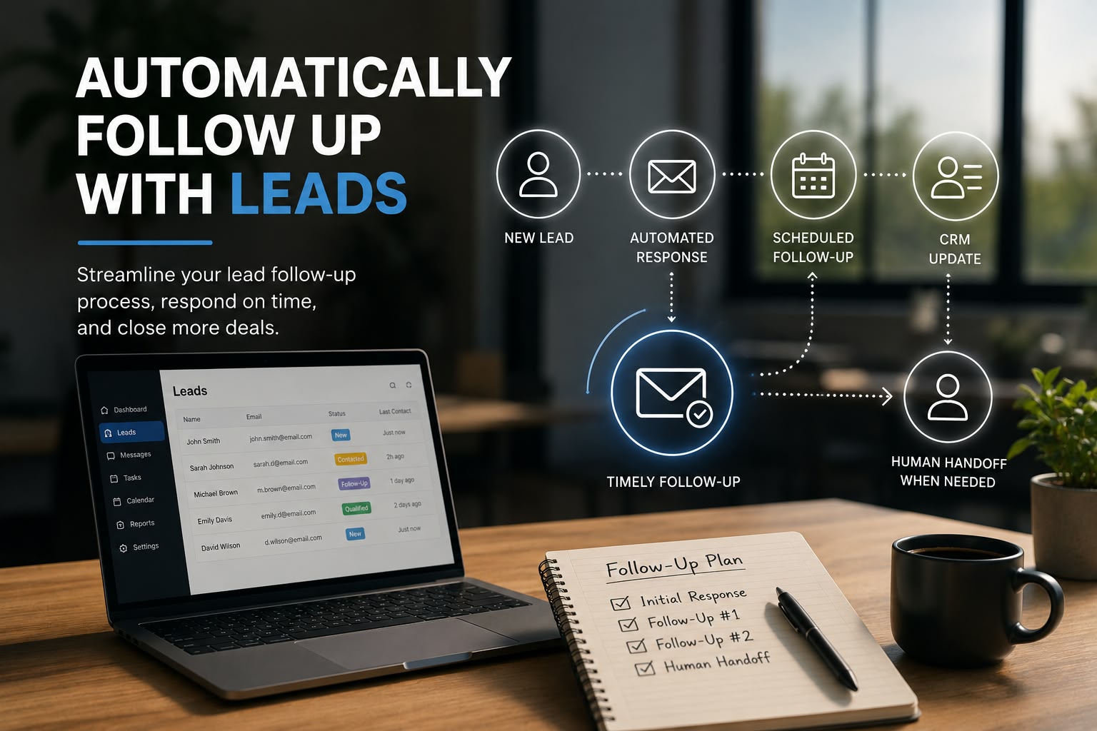 A lead enquiry arriving and a follow up message going back out automatically